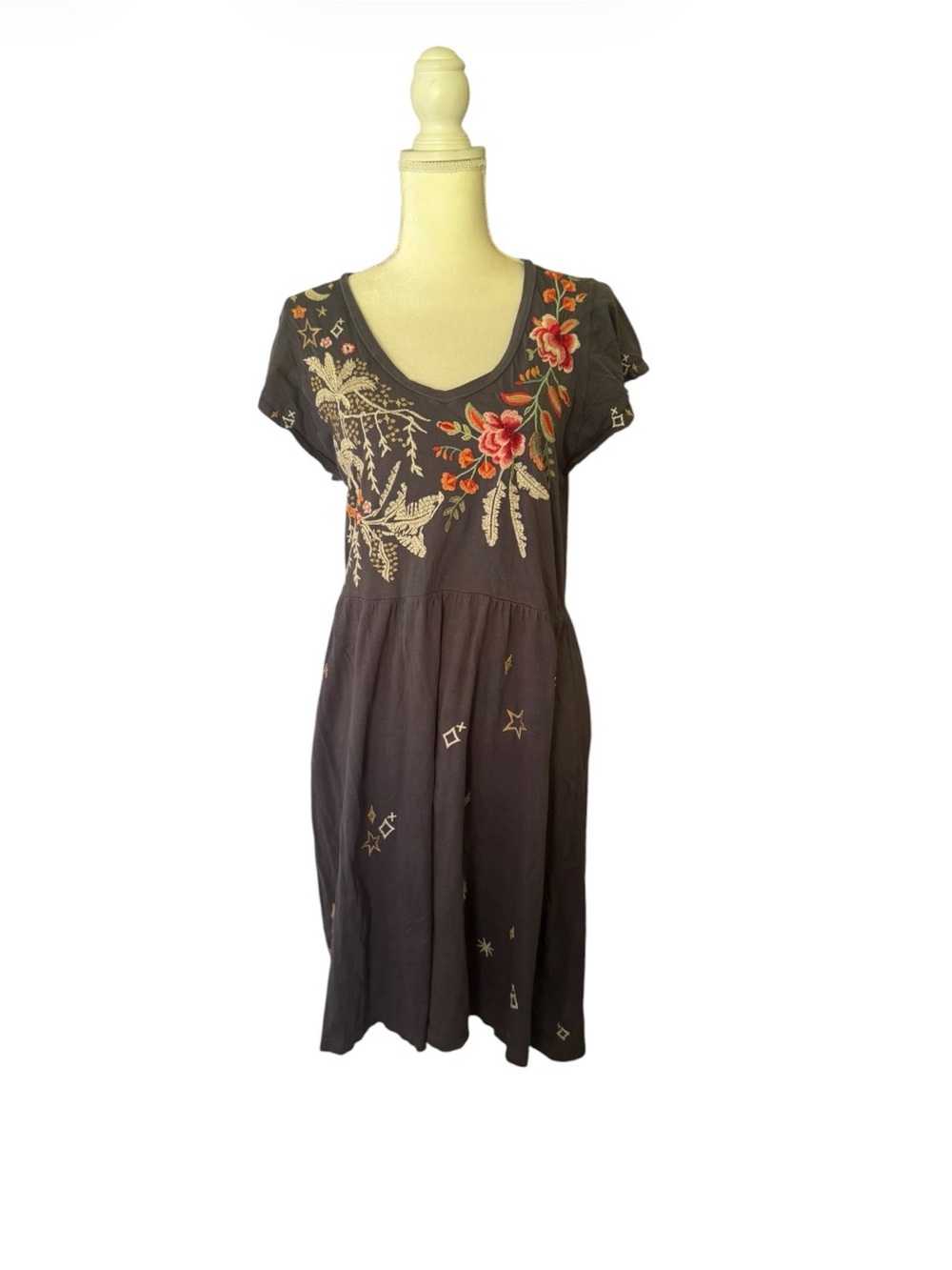 Johnny Was Black Midi Dress with Red and Orange Floral Embroidery